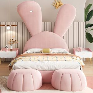 "Pink Lumber Lift Up Storage Kids Bed with Velvet-like Animals Theme, Coir Mattress, Underbed Storage & Headboard"