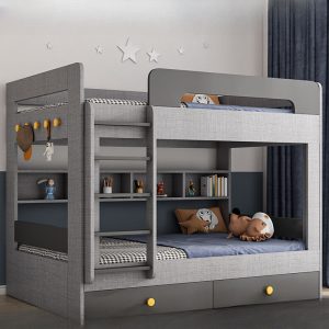 "Gray Children Bunk Bed, Storage/2 Drawers/1 Shelf/Credenza, Ladder/Guardrail"