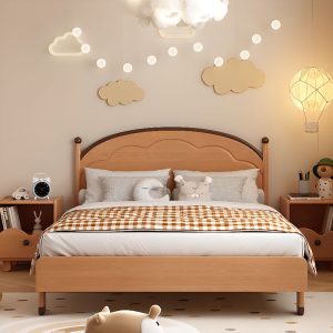 "Simplistic Natural Color Natural Wood Standard Kids Bed with Headboard, Coir Mattress Fill, Gender Neutral"